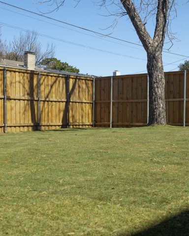 A well-maintained grassy yard with a wooden fence and a tree in the background.